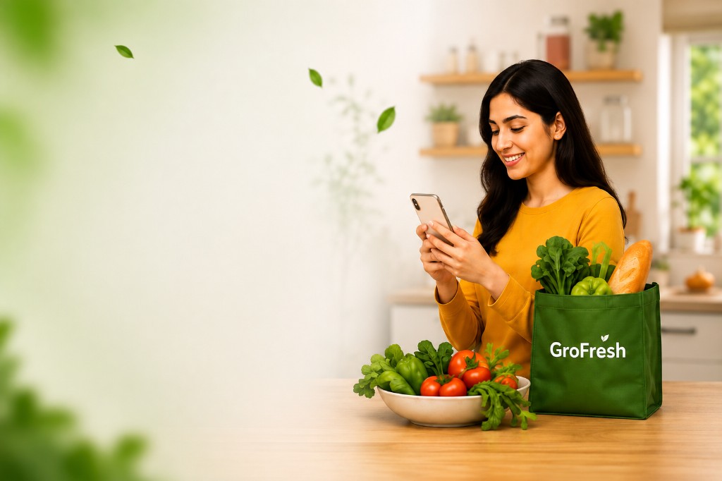 Happy GroFresh customer shopping with the GroFresh app
