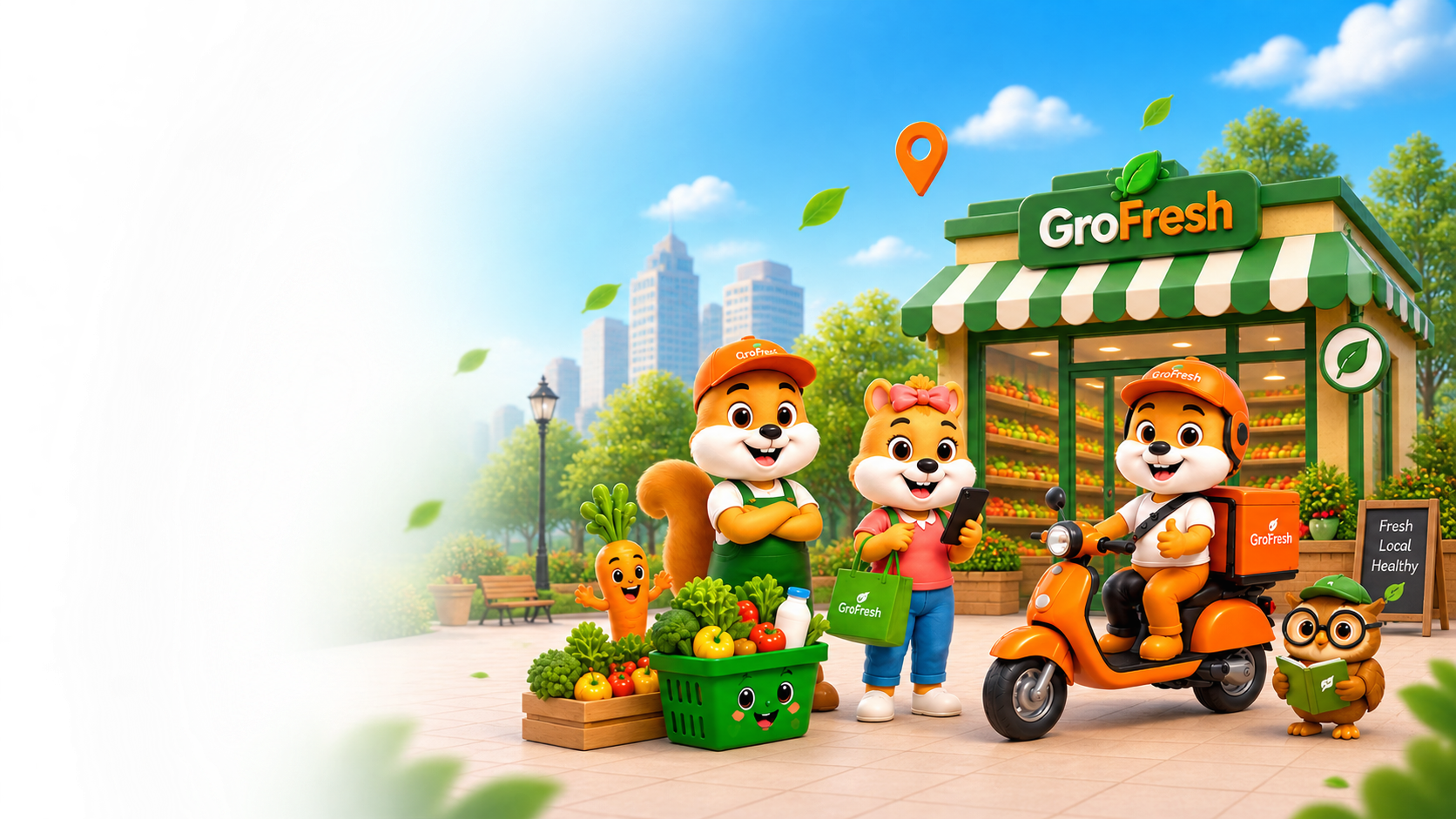 GroFresh local store with mascot characters — shop from neighborhood stores online