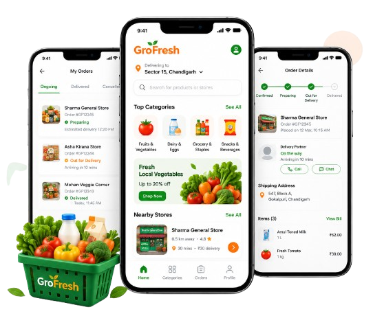 GroFresh app screens on three phones next to a grocery basket