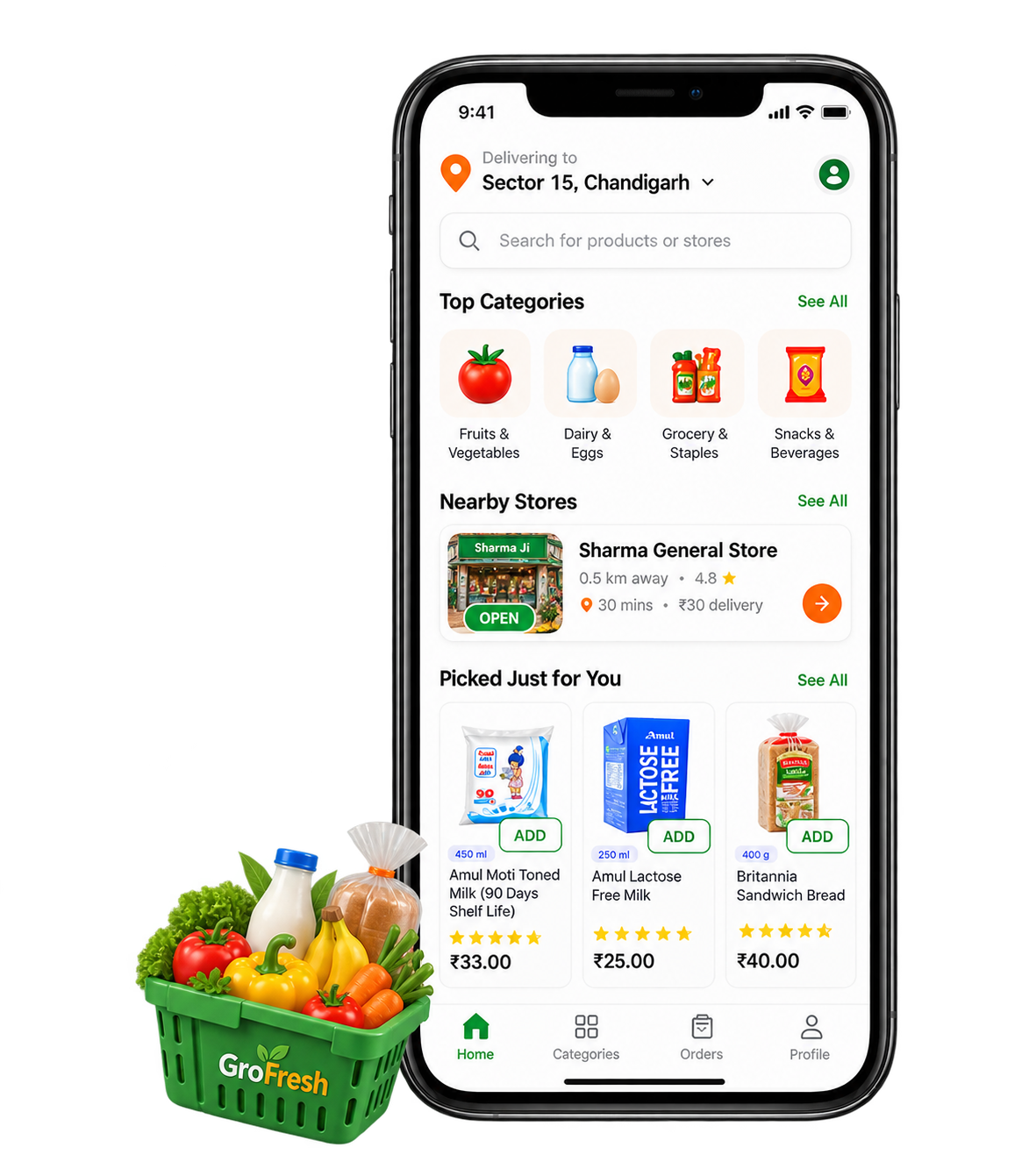 GroFresh app on a phone next to a basket of fresh groceries
