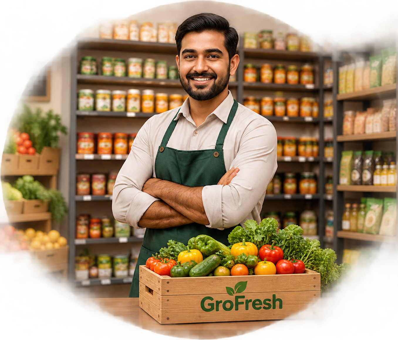 GroFresh store owner with a crate of fresh produce