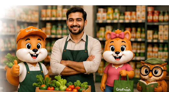 GroFresh store owner and mascot characters