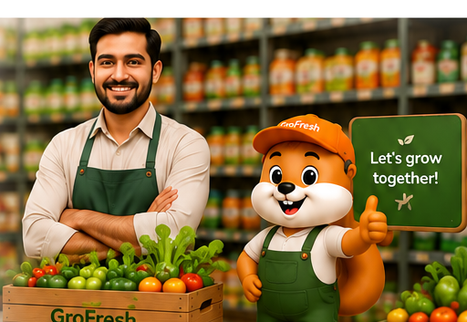 GroFresh chalkboard mascot and store owner